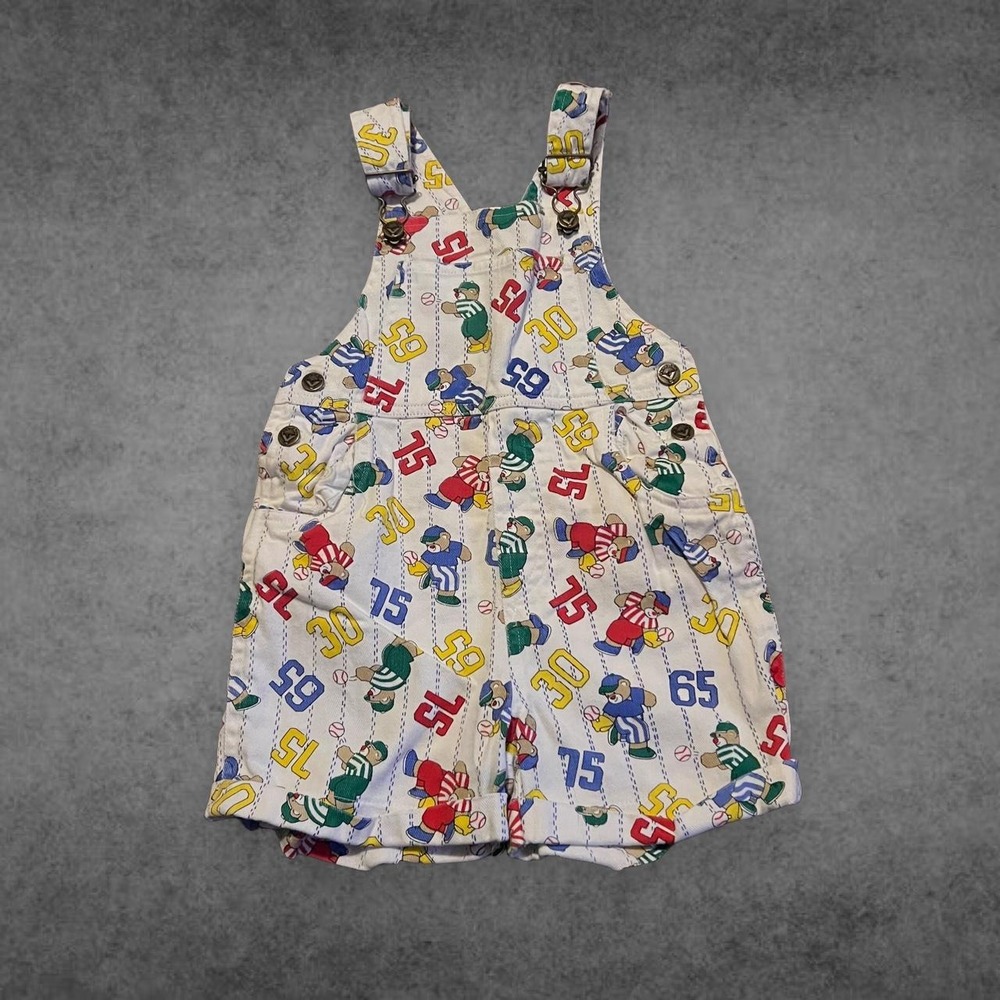Vintage Toddler Baseball Bear Colorblock Overalls Pinstripe Cotton Shortalls 4T